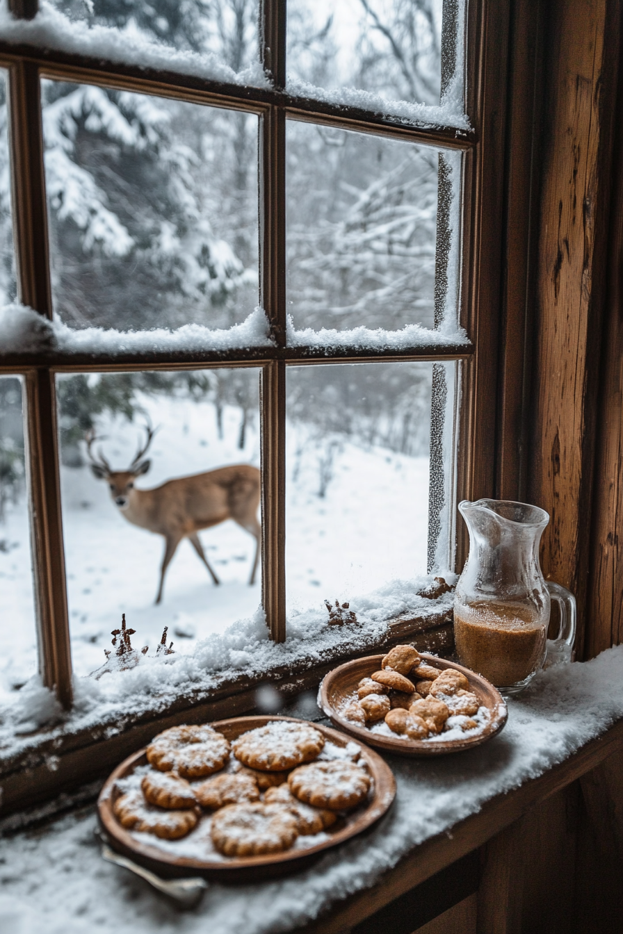 Wide angle view of holiday baking haven. Spiced cookies beside frost-covered window with deer grazing in snow.