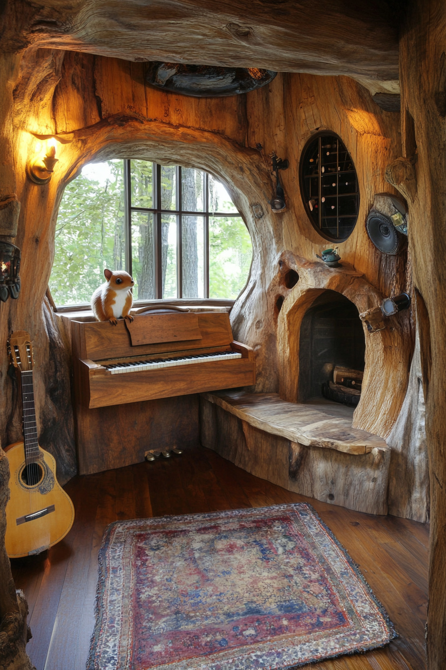 Tiny music room. Natural log styled piano grotto with squirrel-shaped sound buffers and guitar nest.