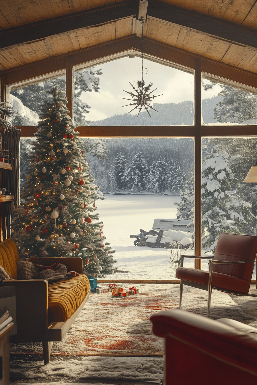 Wide angle view. Retro winter cabin interior, aluminum Christmas tree, frosted lake background.