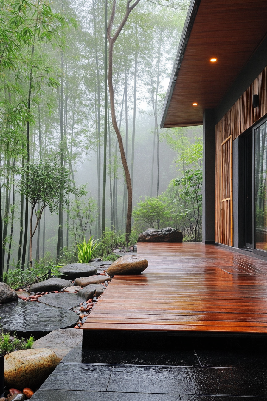 Wide angle view. Minimalist tiny house deck, bamboo screens, rock garden, misty bamboo forest.