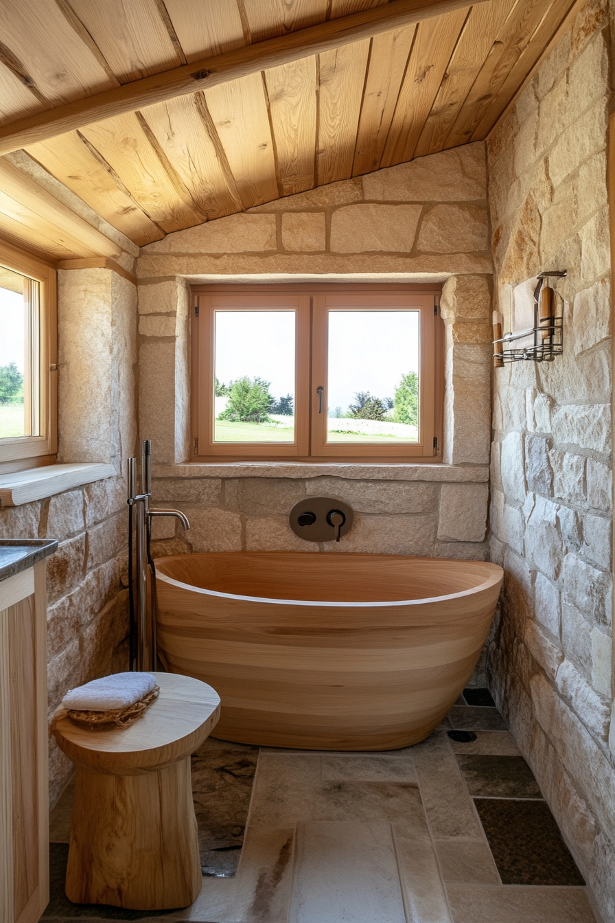 Natural tiny house bathroom. Wide-angle view, wooden soaking tub, and stone elements.