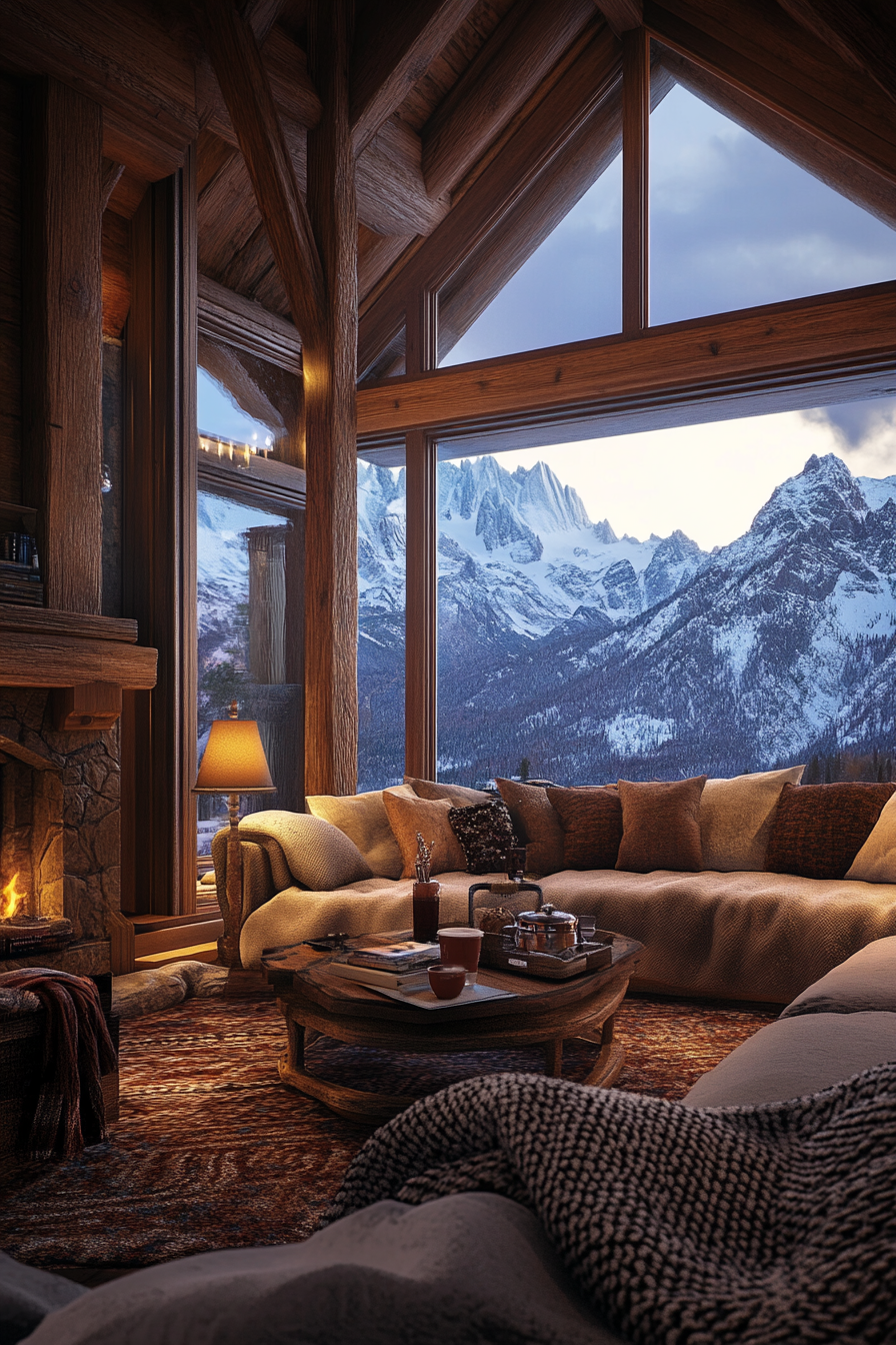 Interior view. Ski-lodge inspired room with wool blankets, hot cocoa station, and snow-capped peaks vista.