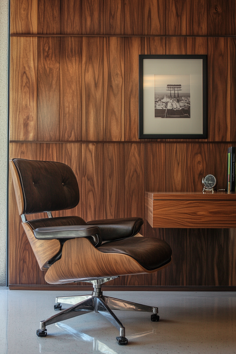 Wide angle view of mobile workspace. Features vintage Eames chair against walnut paneled wall.