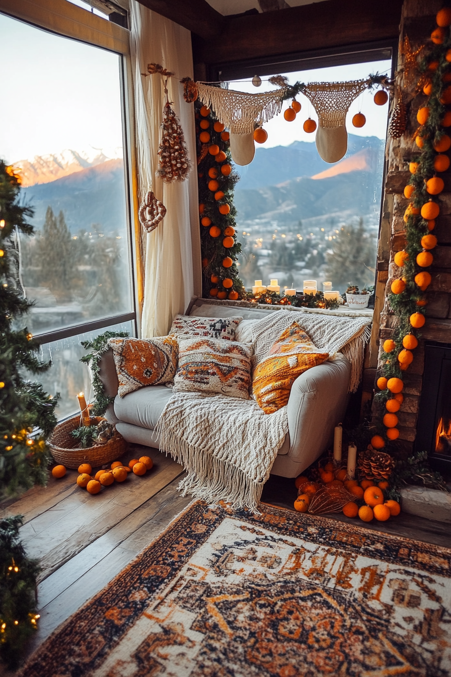 Eclectic holiday space. Macramé stockings, dried orange garlands, mountain sunset wide-angle view.