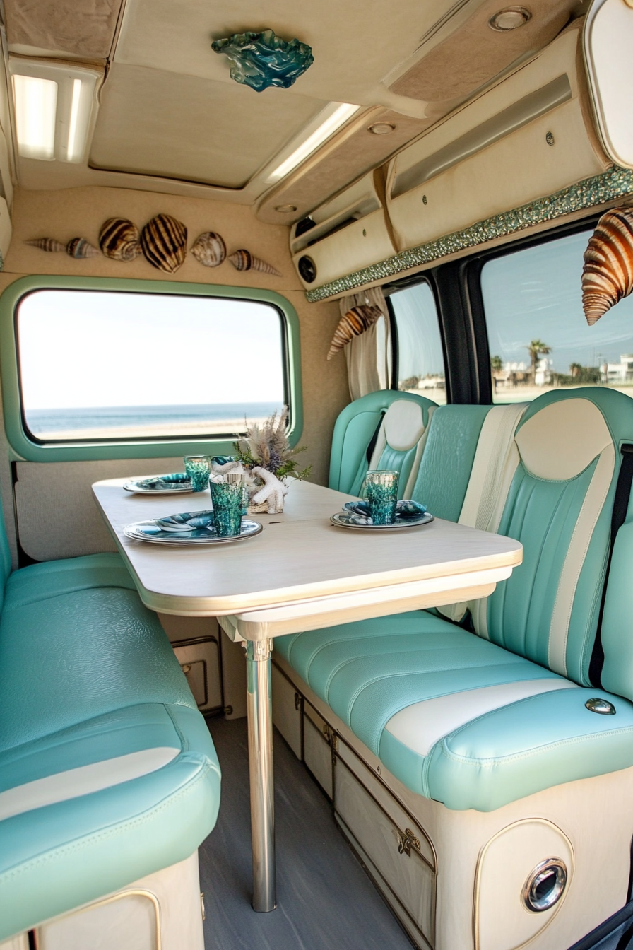 Van Dining Area. Turquoise seats, compact sandy beige fold-out table, seaweed green shell decorations.