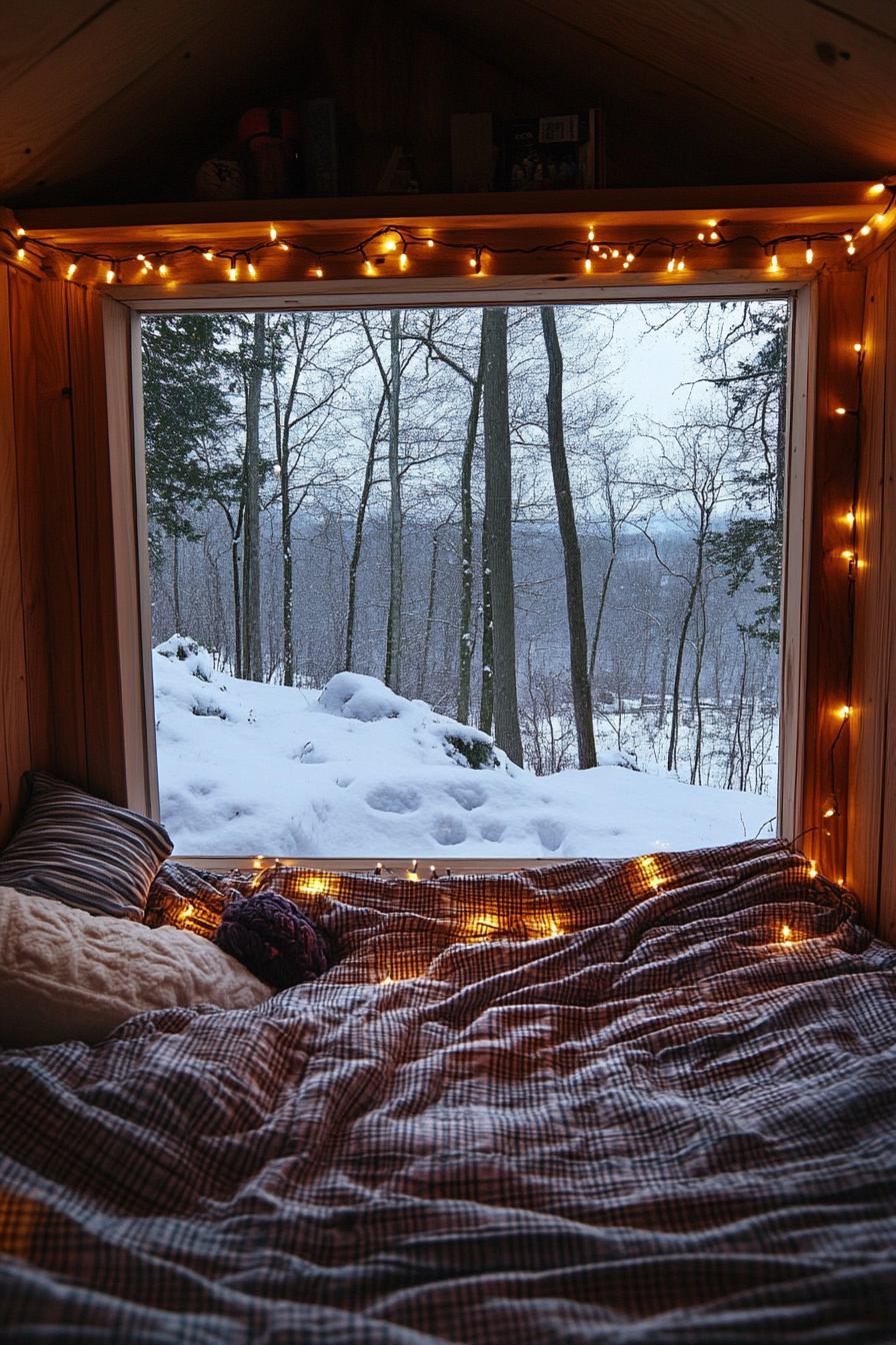 Festive sleeping nook. Wide view, flannel bedding, string lights, winter wonderland outside.