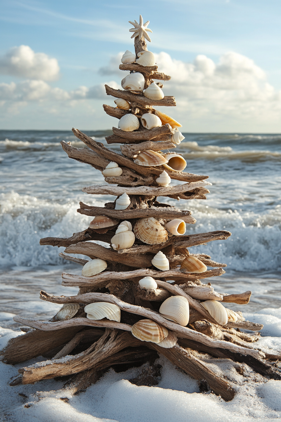 Holiday décor. Driftwood tree with shell ornaments facing winter beach waves.