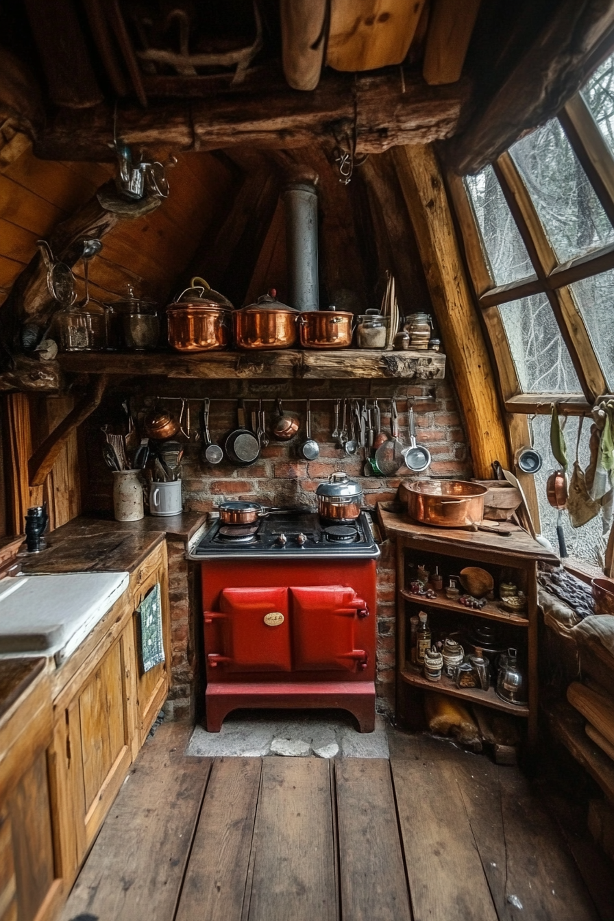 Alpine-style Yurt Kitchen. Red brick wood stove, overflowing copper pots, rustic spice wall.