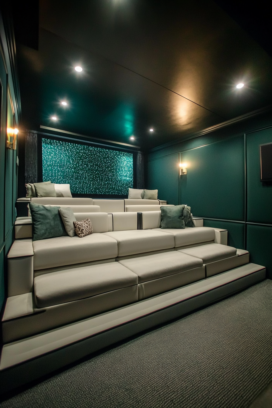 Contemporary tiny theater. White tiered seats, dark green projector wall, and surround sound.