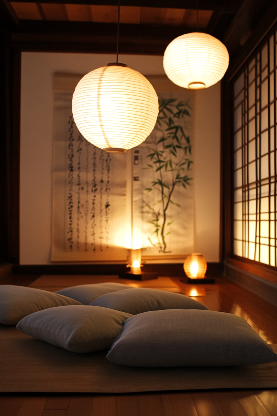 Zen-style Van Meditation Room. sage cushion, wall tapestry, Japanese paper lanterns.