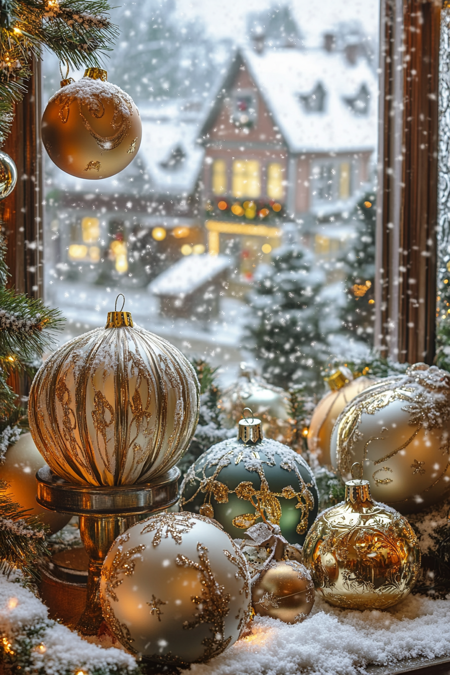 Wide angle Christmas interior. Vintage ornaments, velvet ribbons, snow-covered village view.