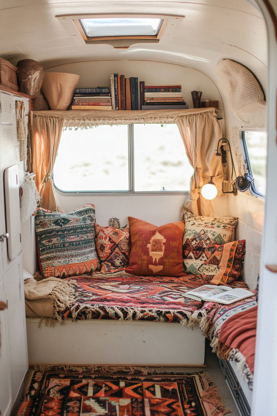 Desert-Boho Reading Corner. Vintage camper with southwestern textiles, cushions, and soft book lights.