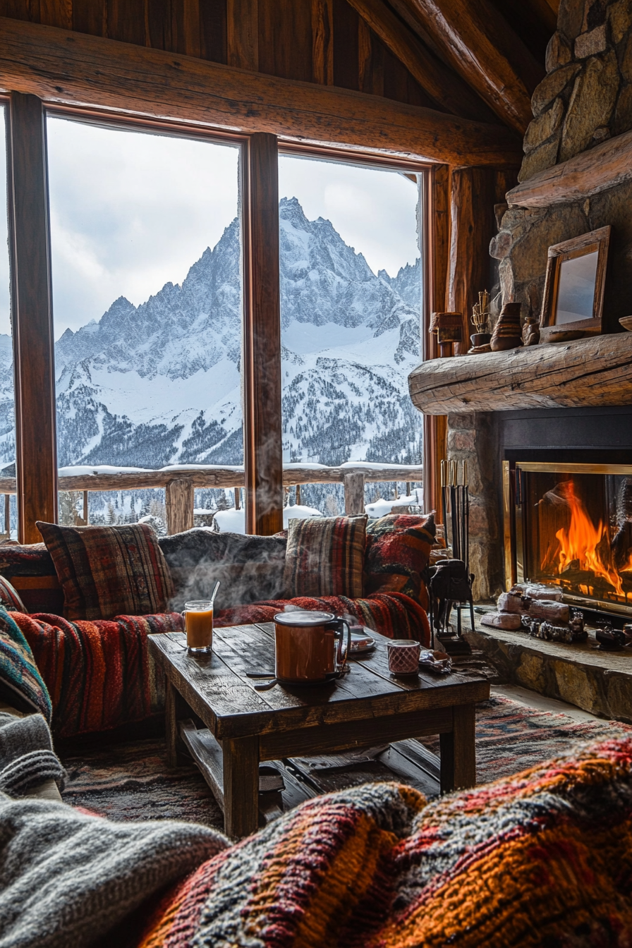 Interior view. Ski lodge, wool blankets, hot cocoa station, and snow-capped peak in the background.