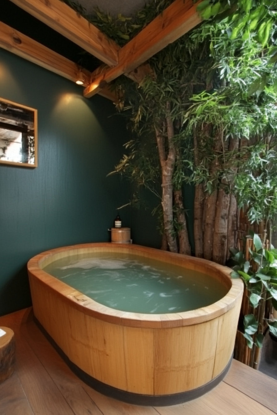 Tiny bathhouse. Bamboo soaking tub with accompanying green wall.