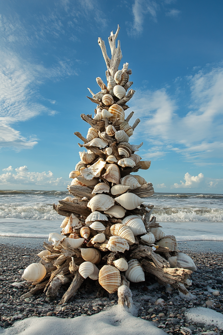 Holiday decor. Wide angle view of driftwood tree with shell ornaments facing winter waves.