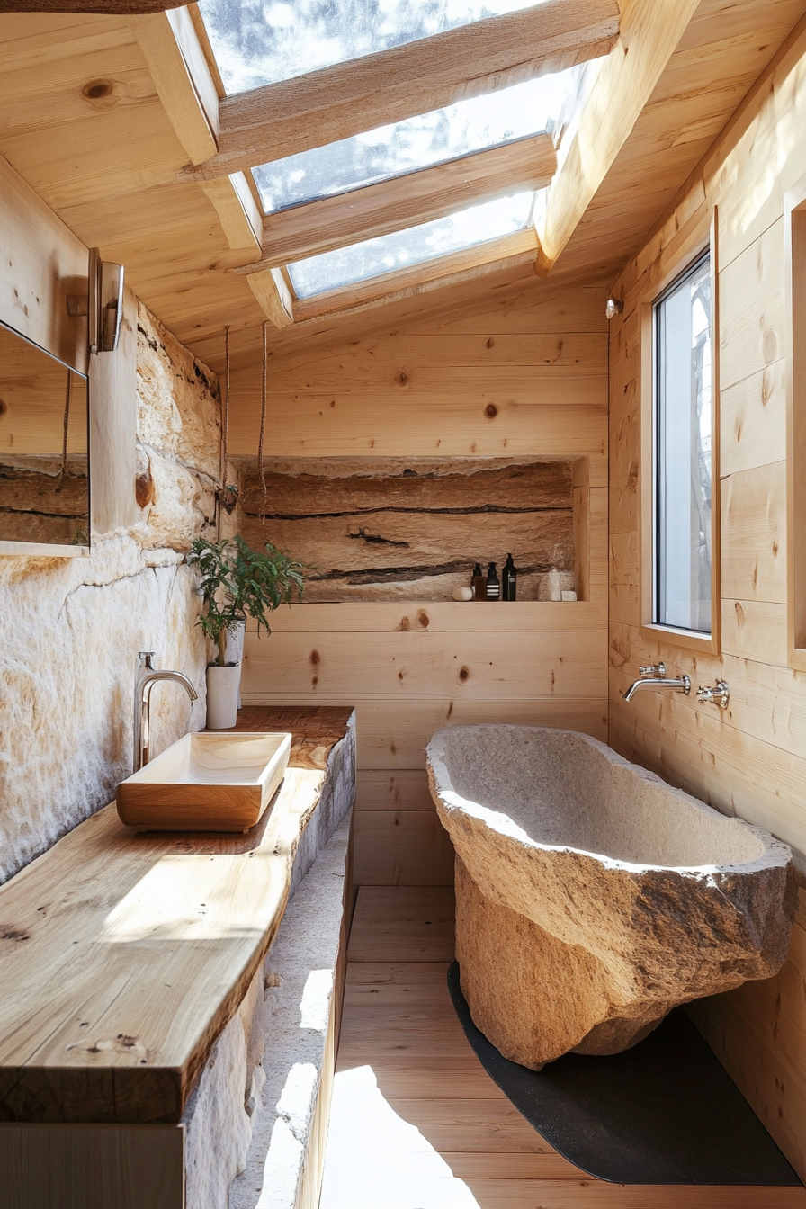 Natural tiny house bathroom. Wooden soaking tub and stone sink under large expanses of skylights.