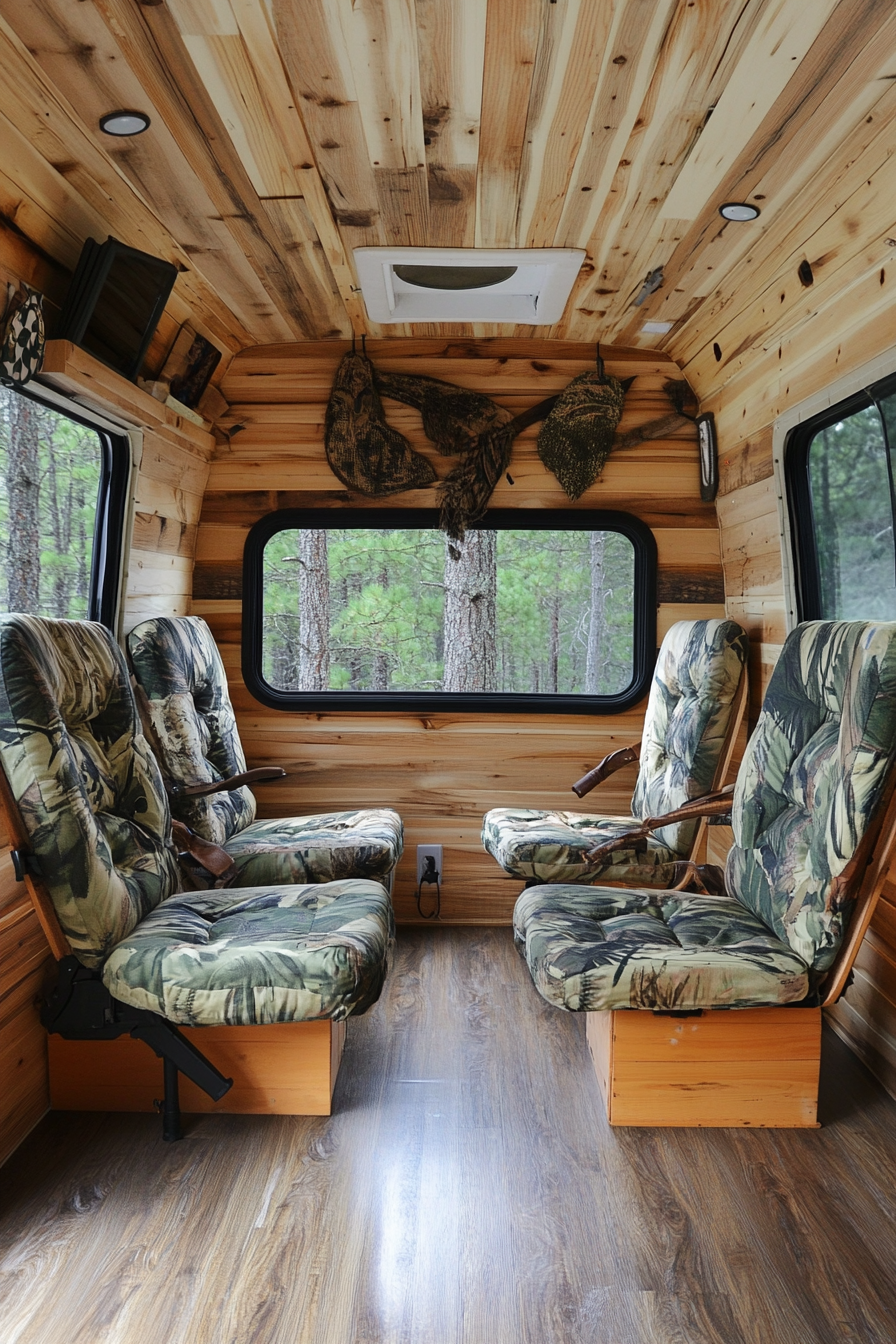 Woodland-style van lounge. Pine paneling, camo-patterned camp chairs, visible forest background.