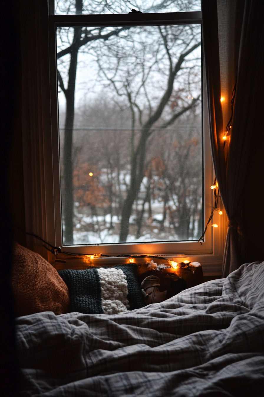 Wide angle view. Festive nook, flannel bedding, string lights, winter wonderland viewed from window.