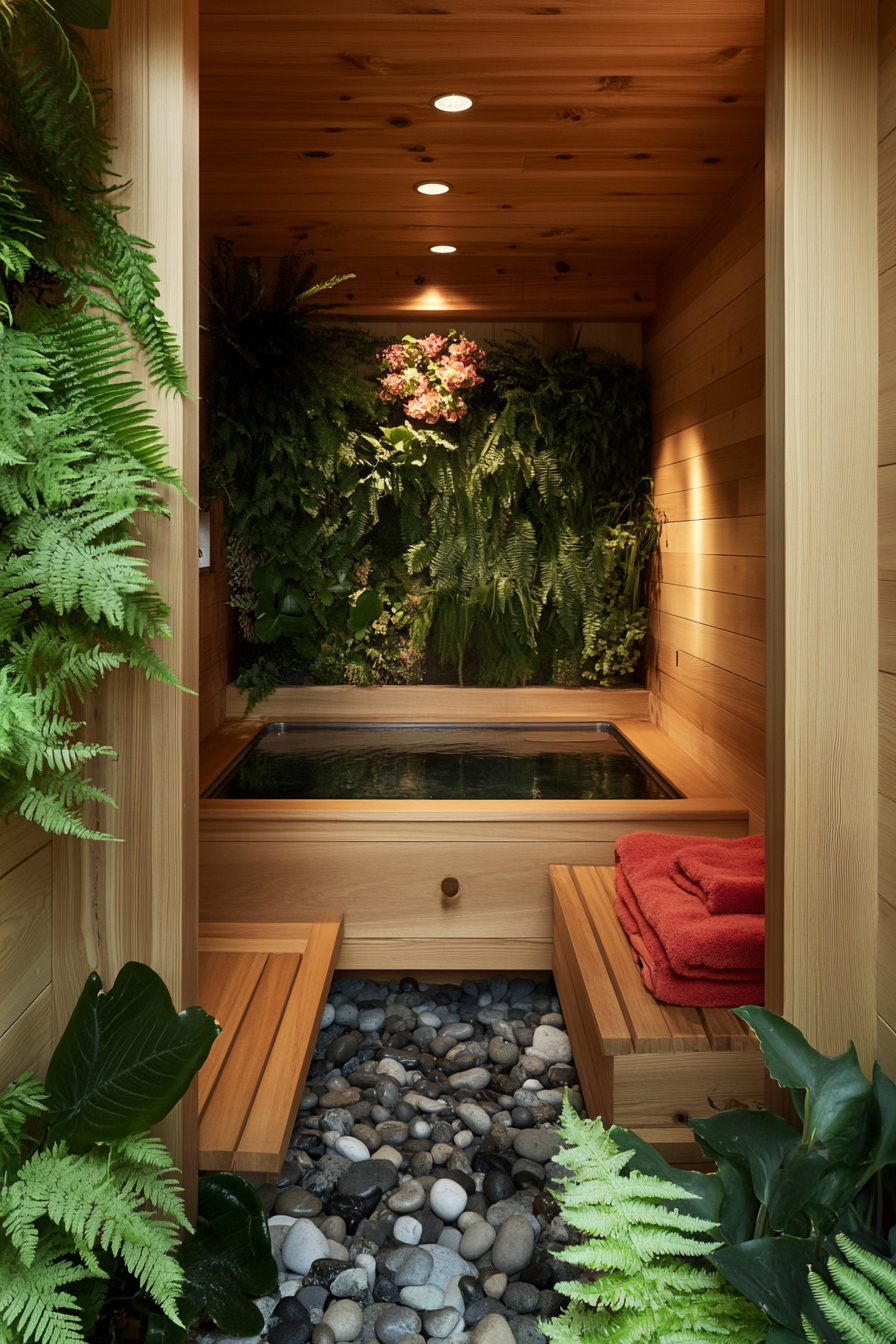 Tiny bathhouse. Cedar soaking tub over pebble floor, fern plant wall, sandalwood meditation bench.