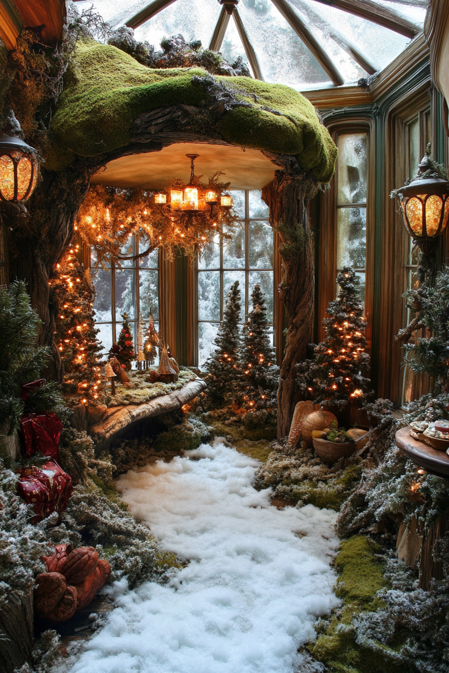 Wide angle view. Whimsical holiday space, woodland decorations, moss details, surrounded by snowy pines.