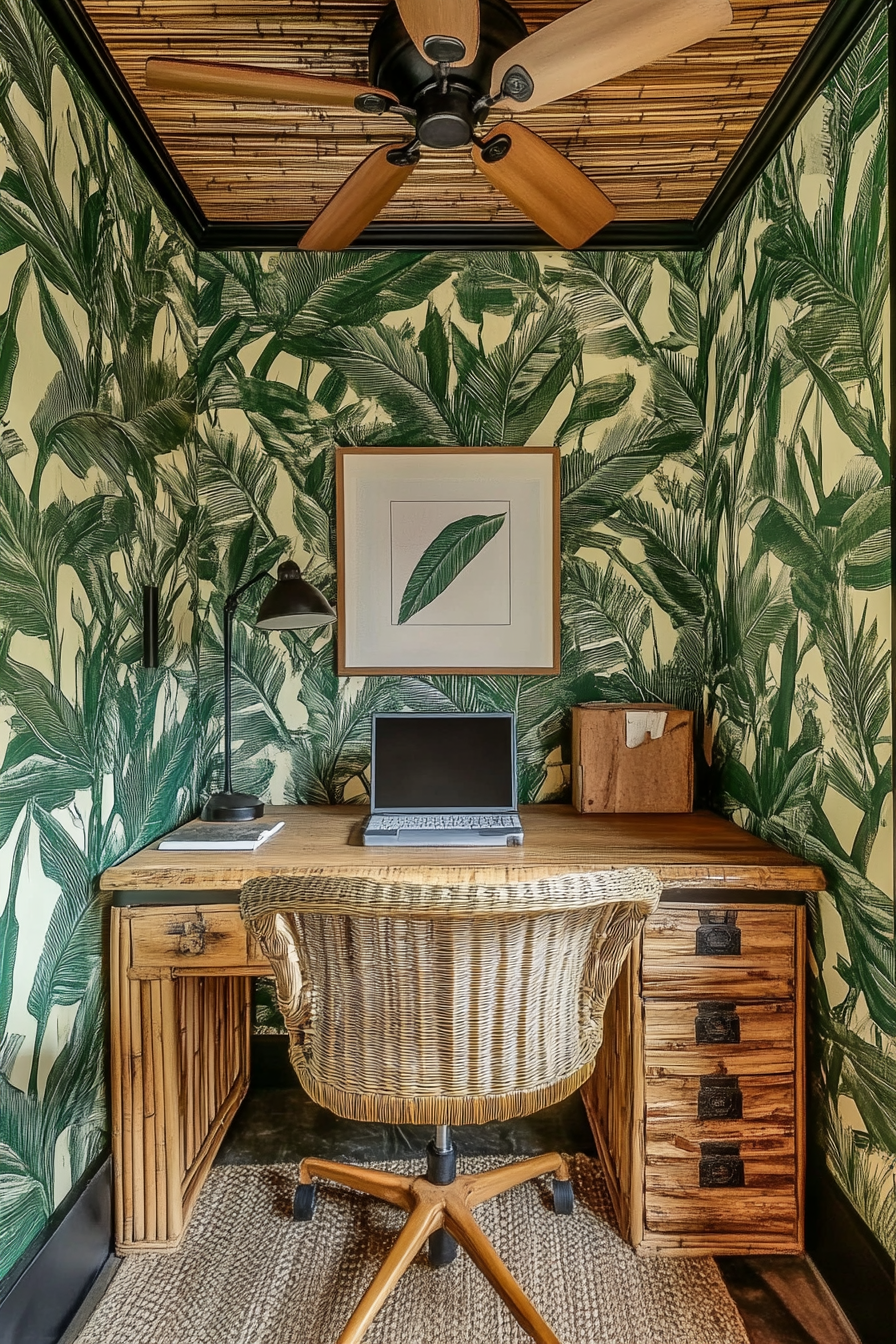 Tiny office. Rattan desk against leaf-patterned wallpaper with overhanging bamboo ceiling fan.