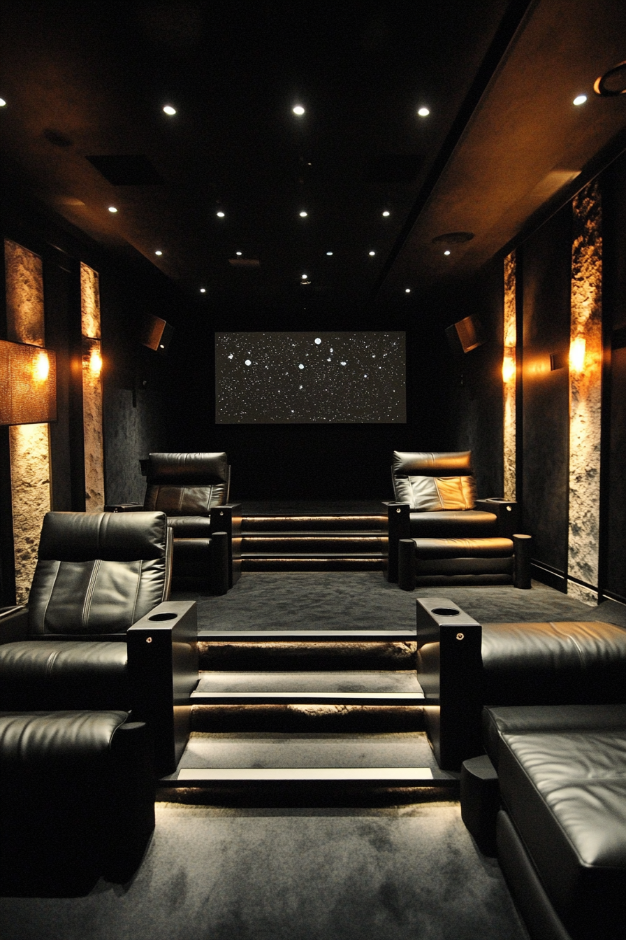 Contemporary tiny theater. Leather tiered seating, middle aisle, recorded bird sounds, polar night theme projector.