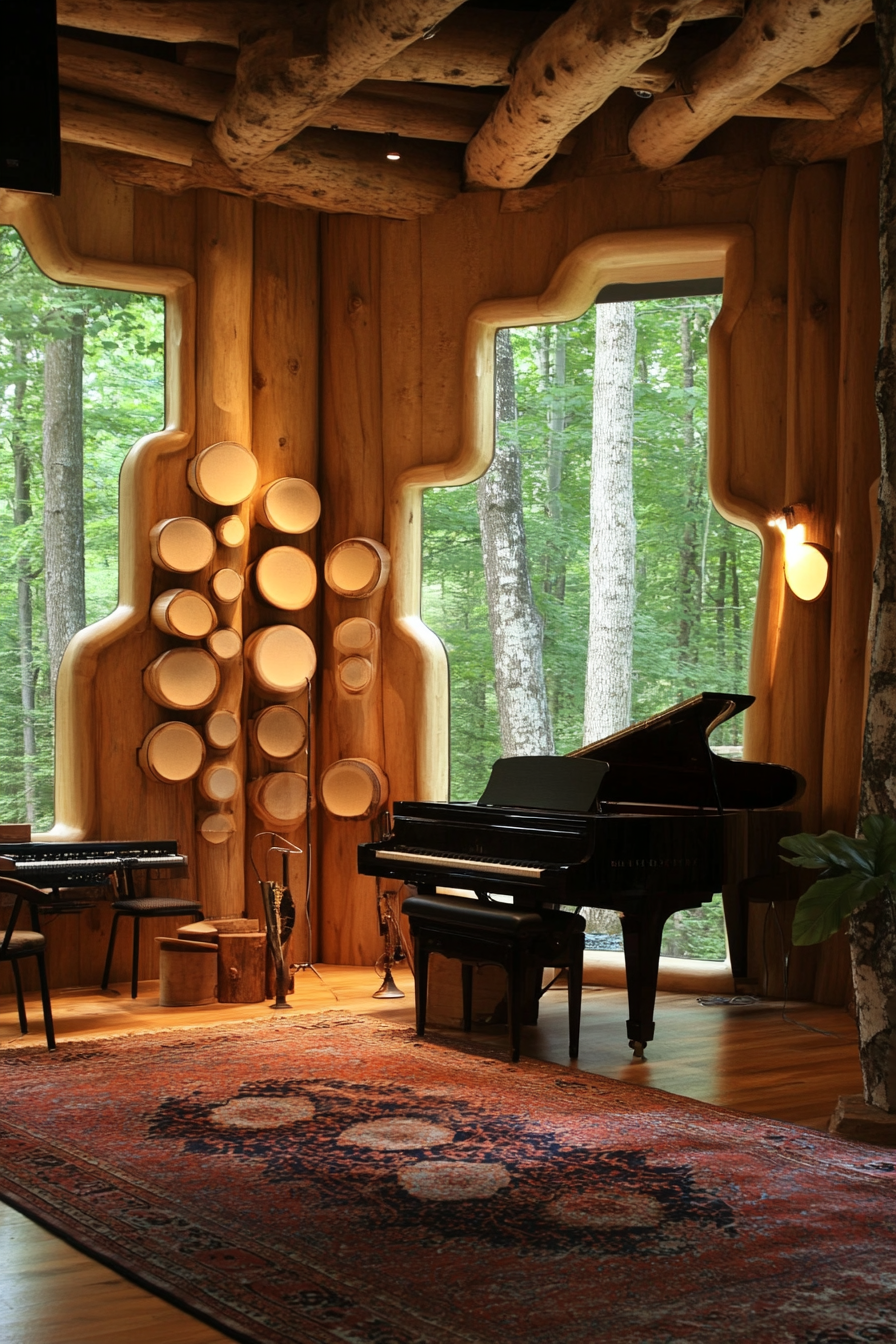 Woodland-style music room. Log constructed walls and accordion-type soundproofing.