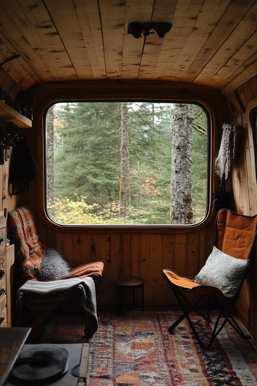 Van lounge interior. Pine wood paneling, forest view window, collapsible camp chairs.