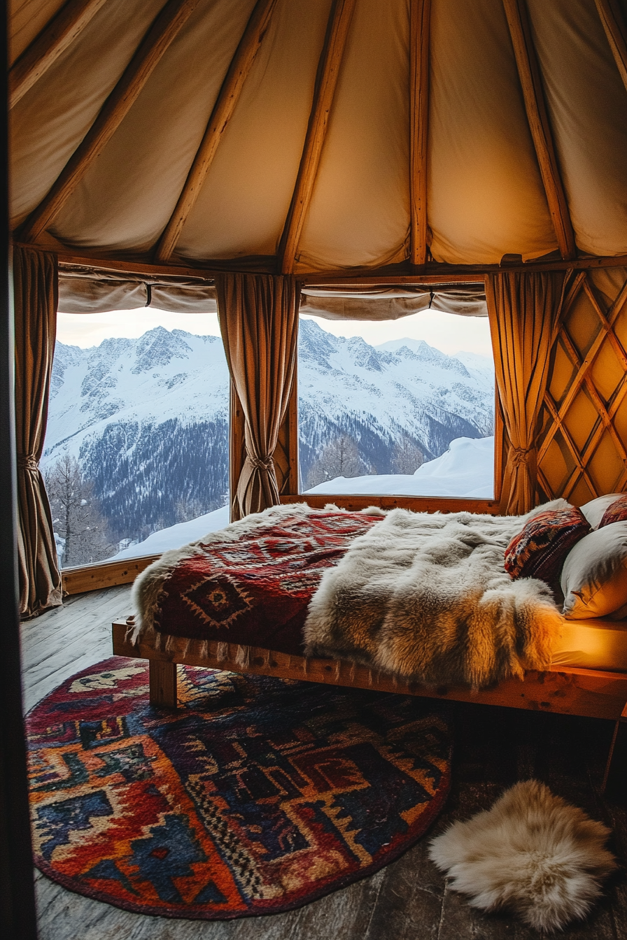 Alpine-view Yurt bedroom. Panoramic windows overlooking snow-peaked mountains, rustic wooden bed, fur throws.