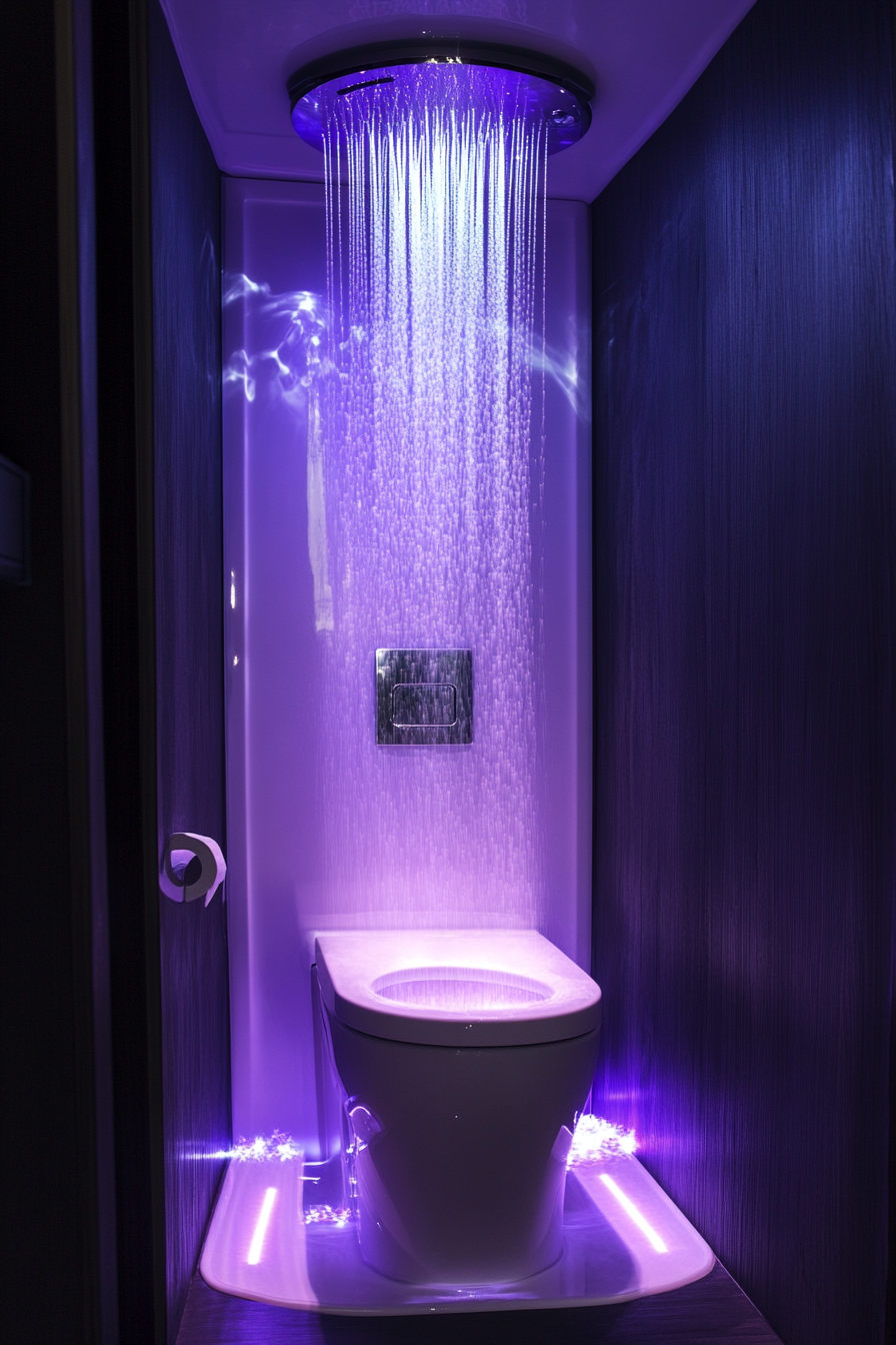 Contemporary camper bathroom. Smart toilet with hidden storage and rainfall shower highlighted with LED lighting.