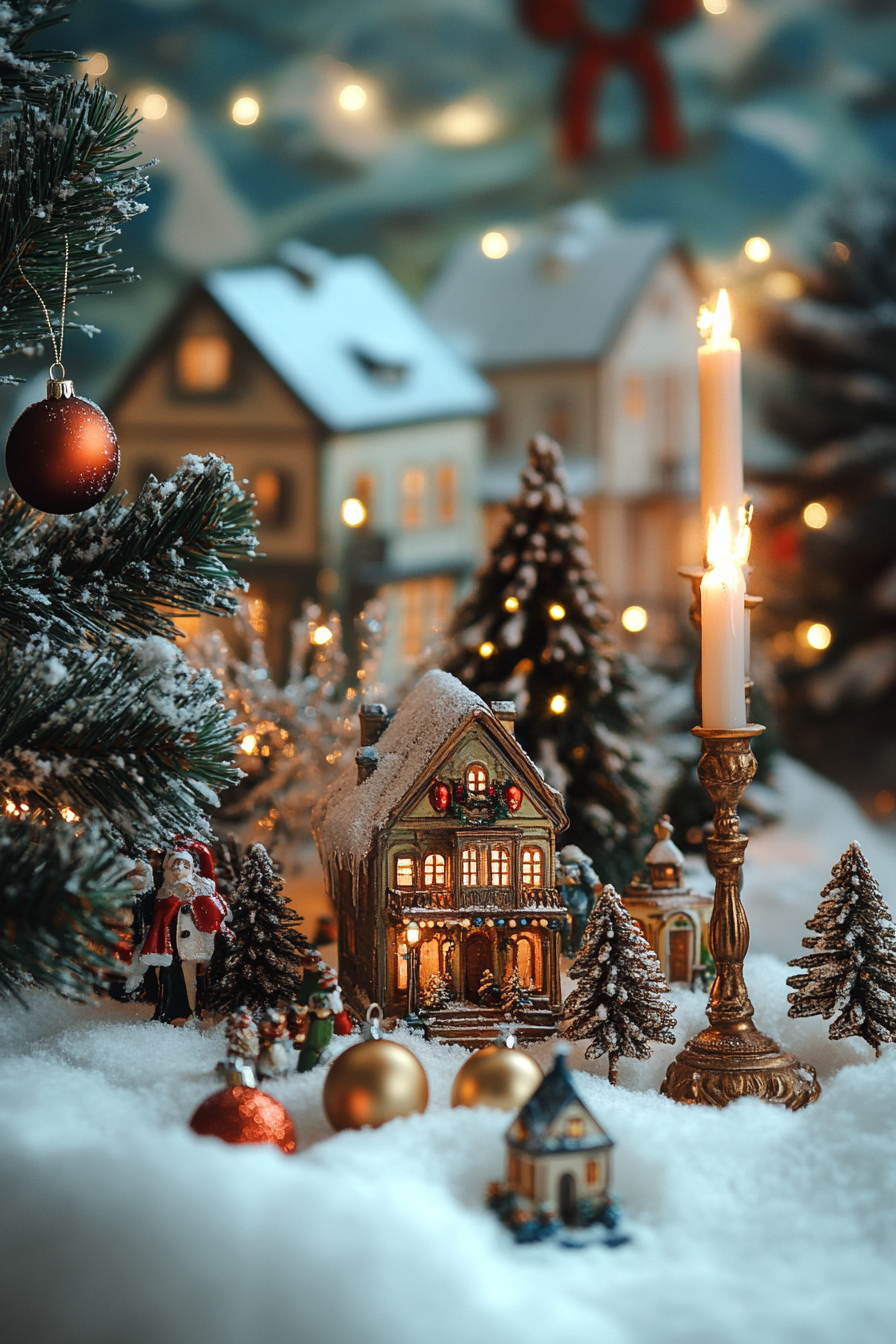 Christmas interior. Vintage ornaments on snow draped fir, velvet ribbons, candelabra, tableau of miniature village.