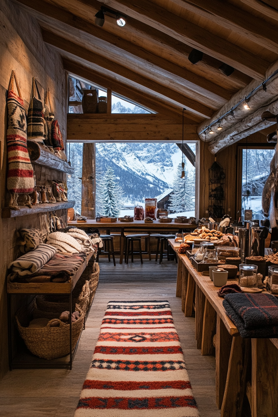 Ski lodge interior. Wide-angle of wool blankets, cocoa station, visibly snowy peaks.