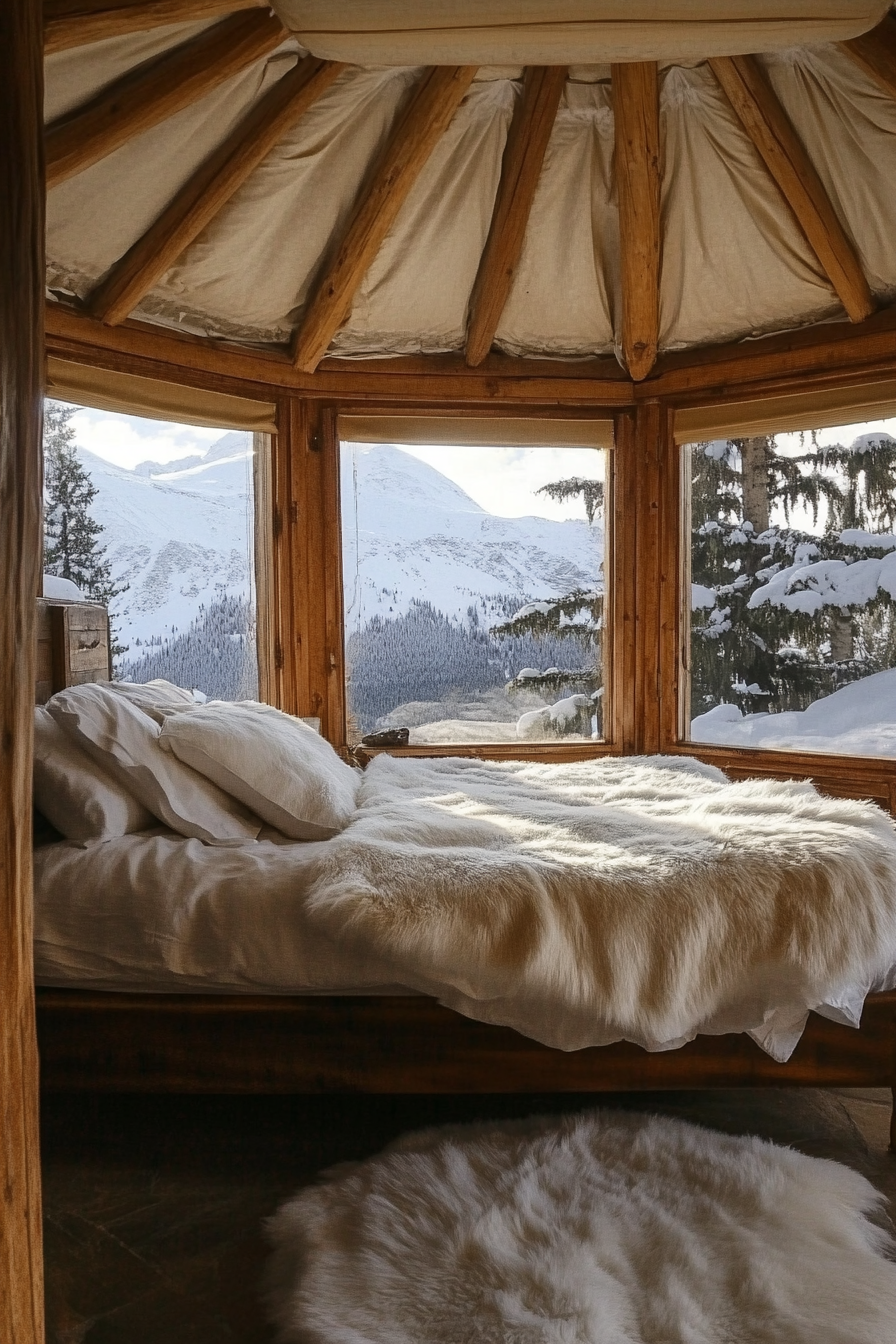 Alpine-view yurt bedroom. Exposed beams, panoramic windows, distressed wood bed, white fur throws.