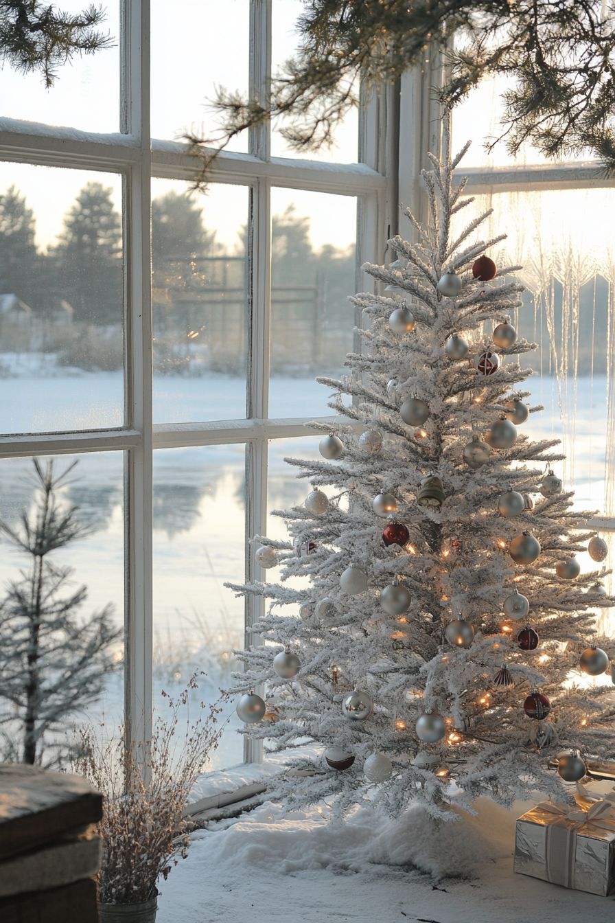 Holiday interior. Retro aluminum Christmas tree by frozen lake with vintage ornaments.