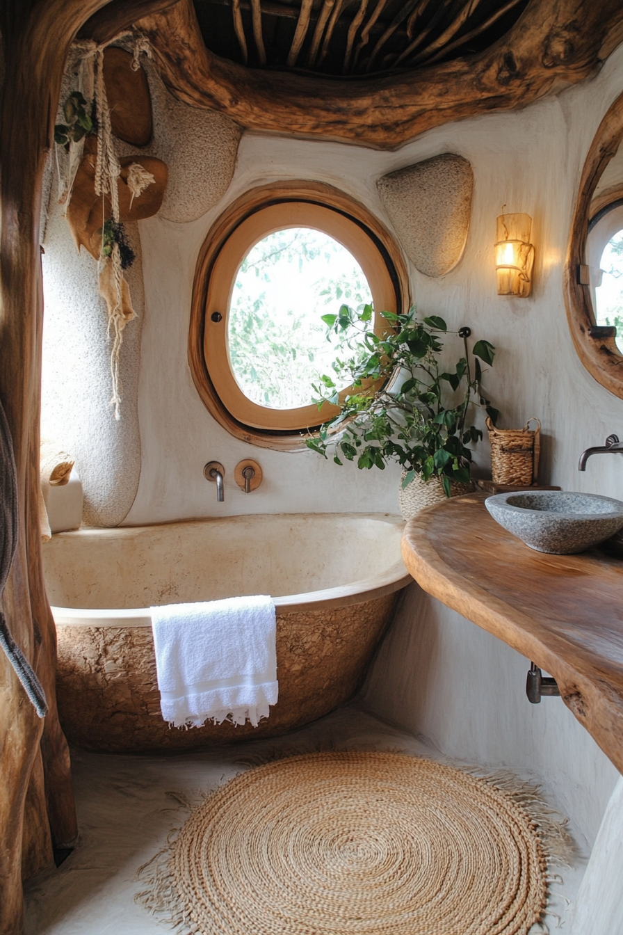 Natural tiny house bathroom. Wood tub, stone washbasin, rattan rug.