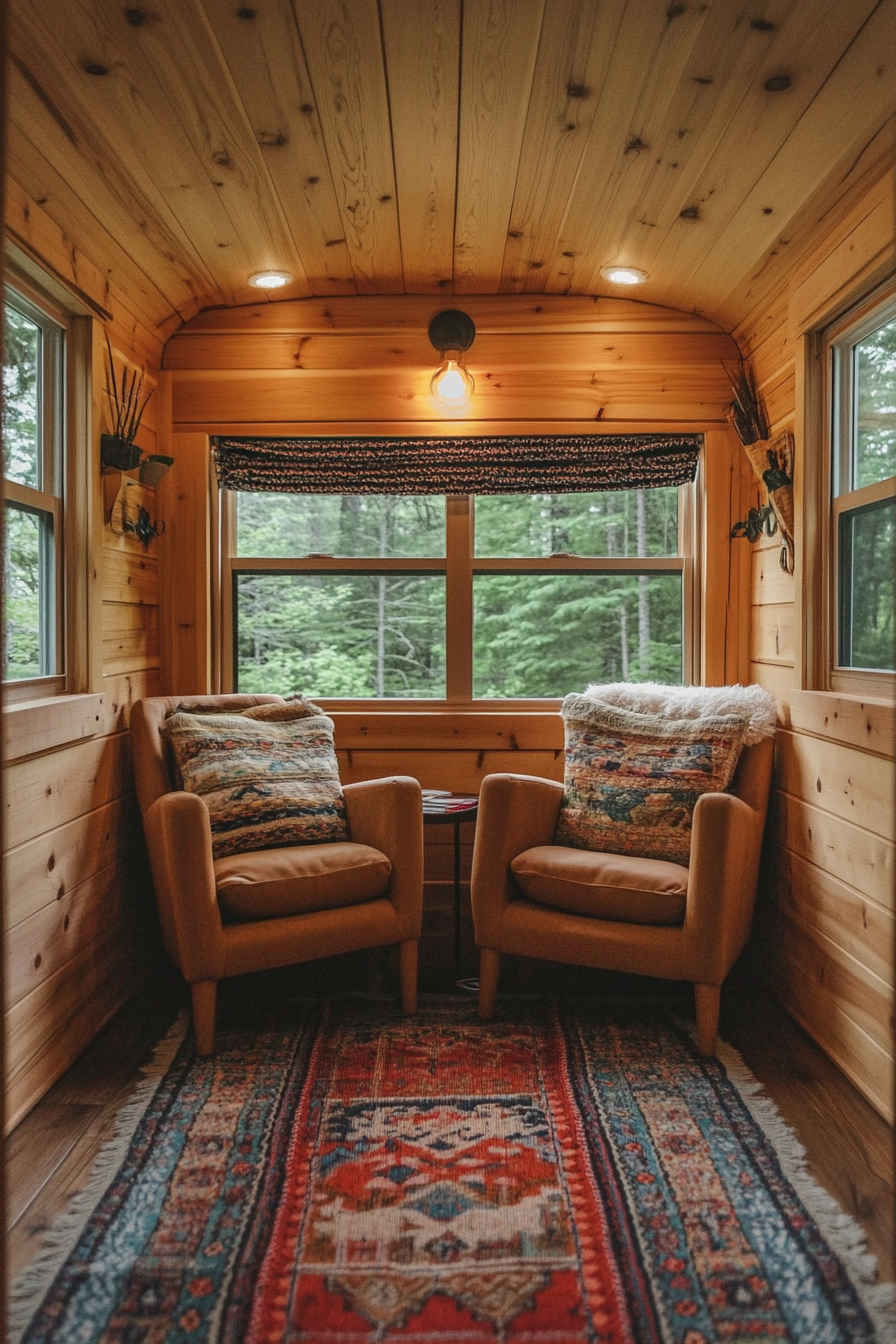 Van lounge. Pine wood paneling, earthy camp chairs, window-framed forest vista.