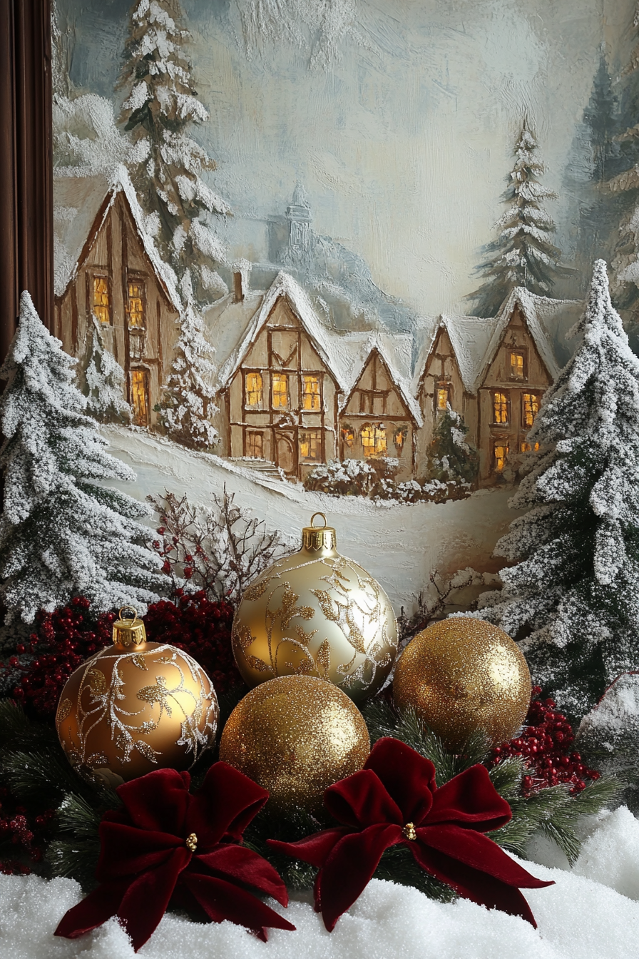 Wide angle Christmas interior. Gold vintage ornaments on flocked pine, cranberry velvet ribbons, snow-coated village glimpse.