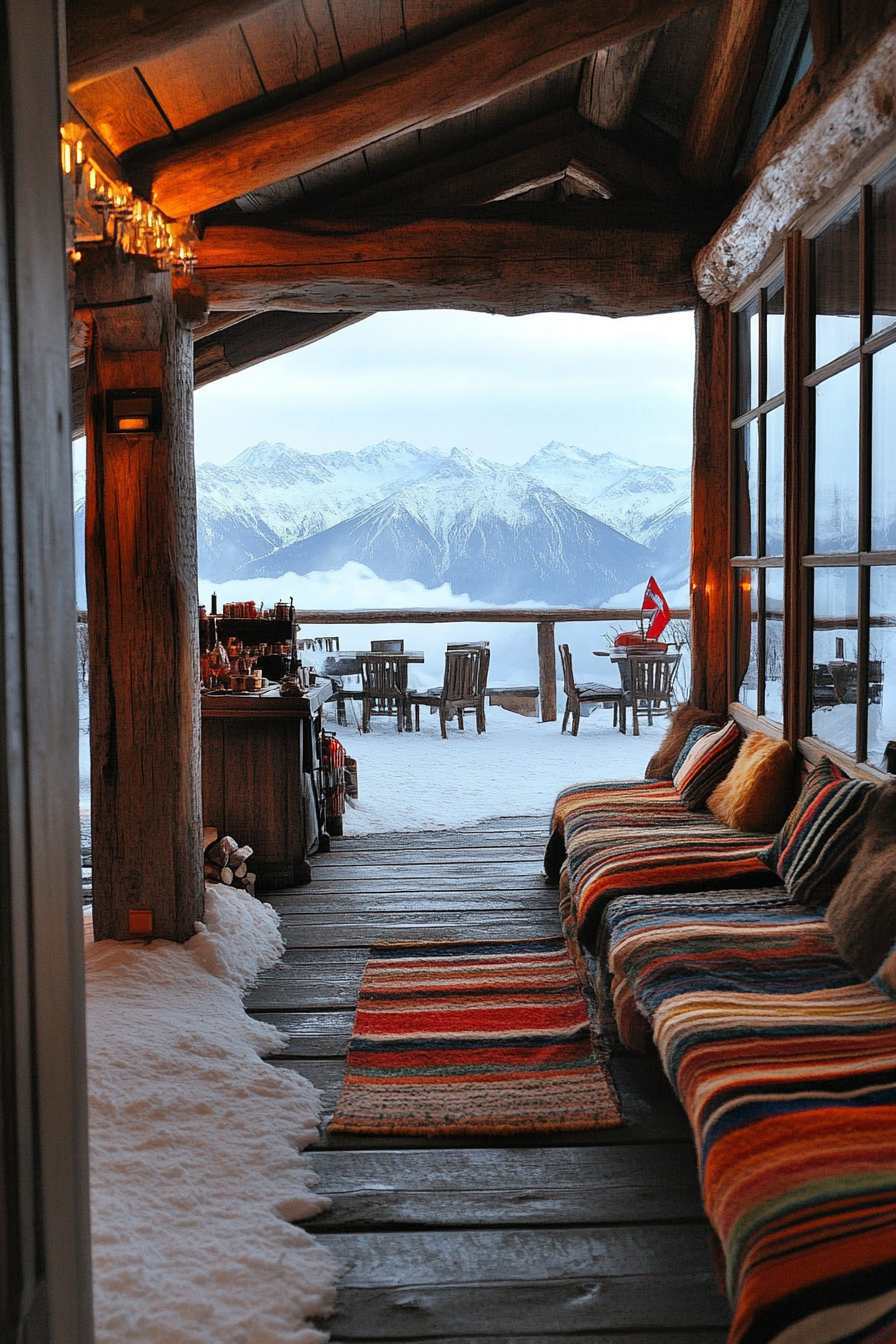 Interior view. Ski lodge with wool blankets, cocoa station, and snow-capped peaks in distance.