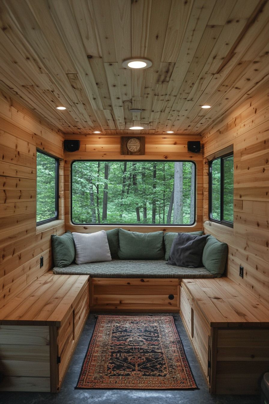 Van lounge. Pine paneled walls,  unstained, covering an open lounge area showcasing forest views.