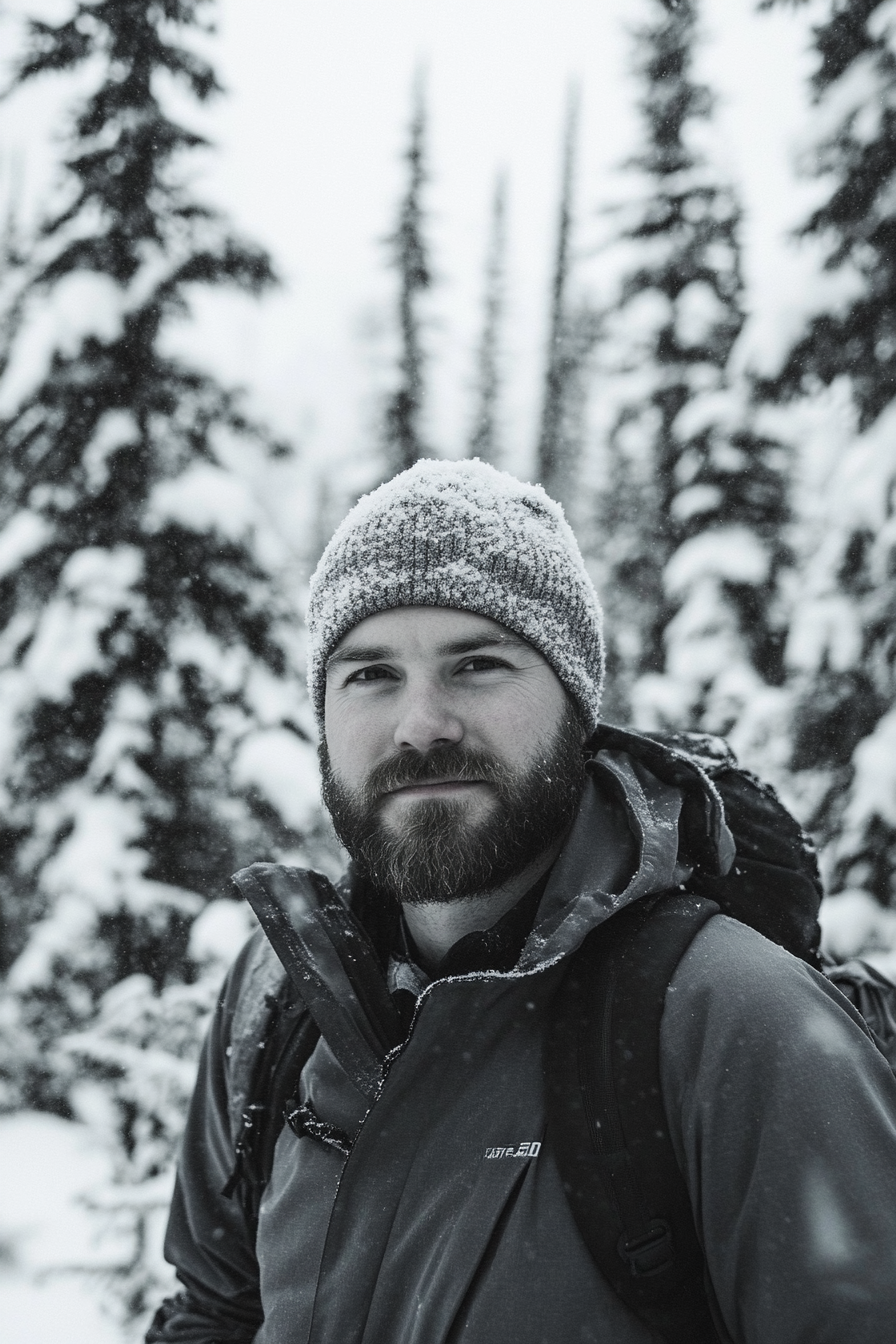 snow-topped pine trees in background.