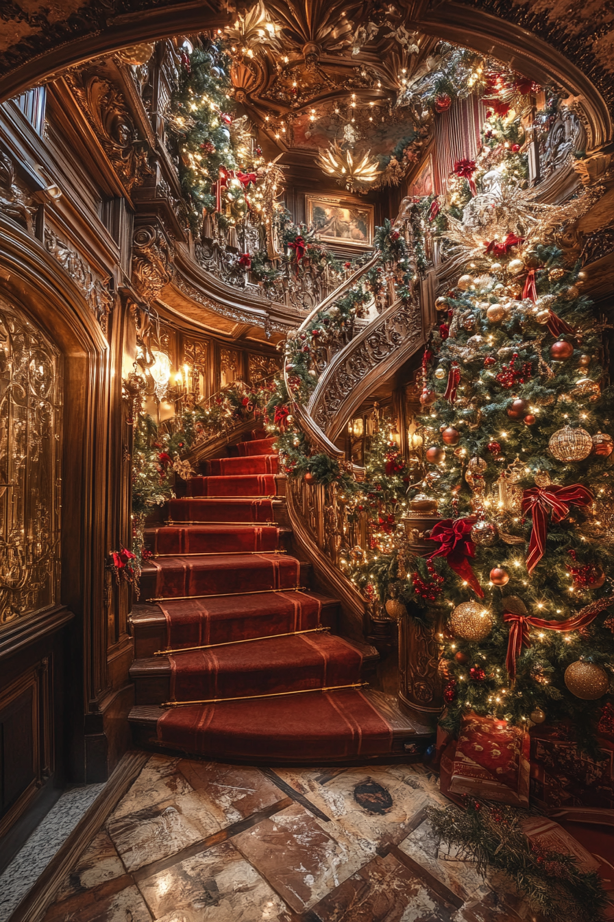 Wide-angle view of a Christmas interior. Illuminated fir with vintage ornaments and velvet ribbons.