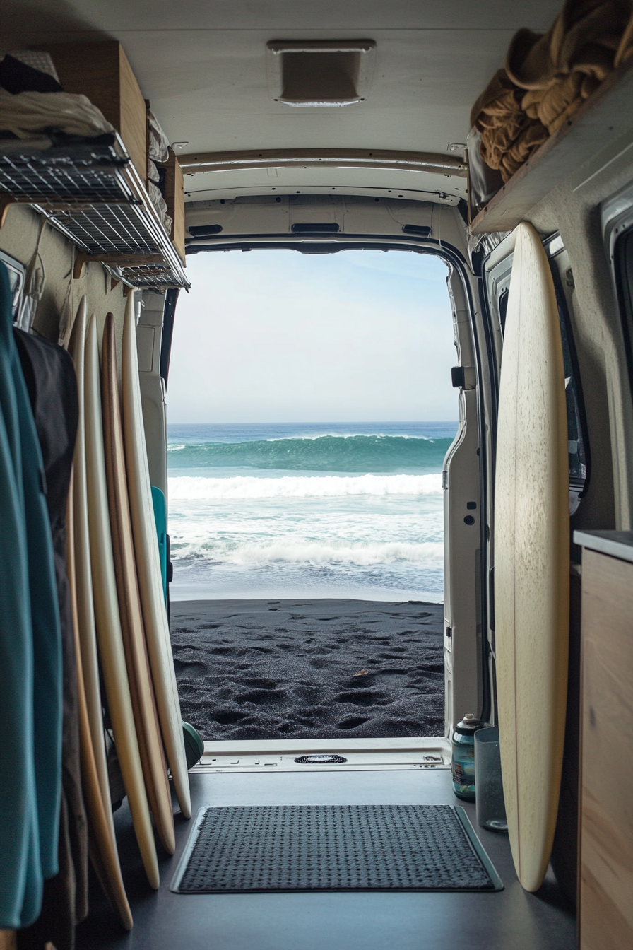 Beachy van setup. Surfboard racks, black sand beach backdrop, dynamic waves, outdoor shower detailing.