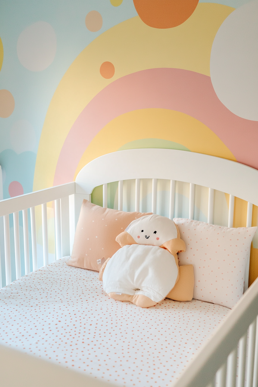 Wide angle view of baby space. Pastel rainbow mural with matching polka-dot bedding.