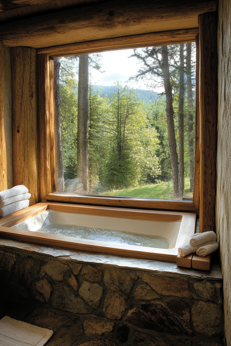 Natural bathroom. Wooden tub, river stone accents, framed cabin window with wide-angle forest view.