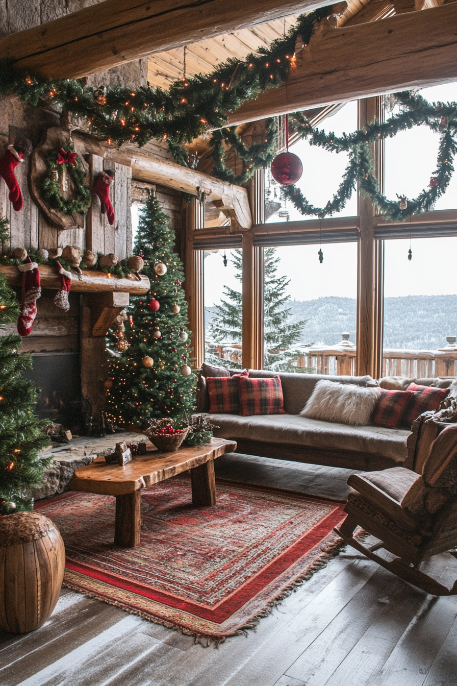 Farmhouse-style space. Pine garlands, wooden ornaments, snowy mountain vistas.