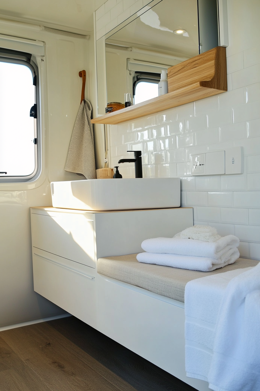 Contemporary camper bathroom. White floating vanity with vertical storage space.