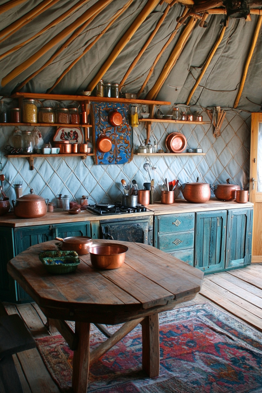 Alpine-style yurt kitchen. Antiqued wood table, copper pots, spice wall.