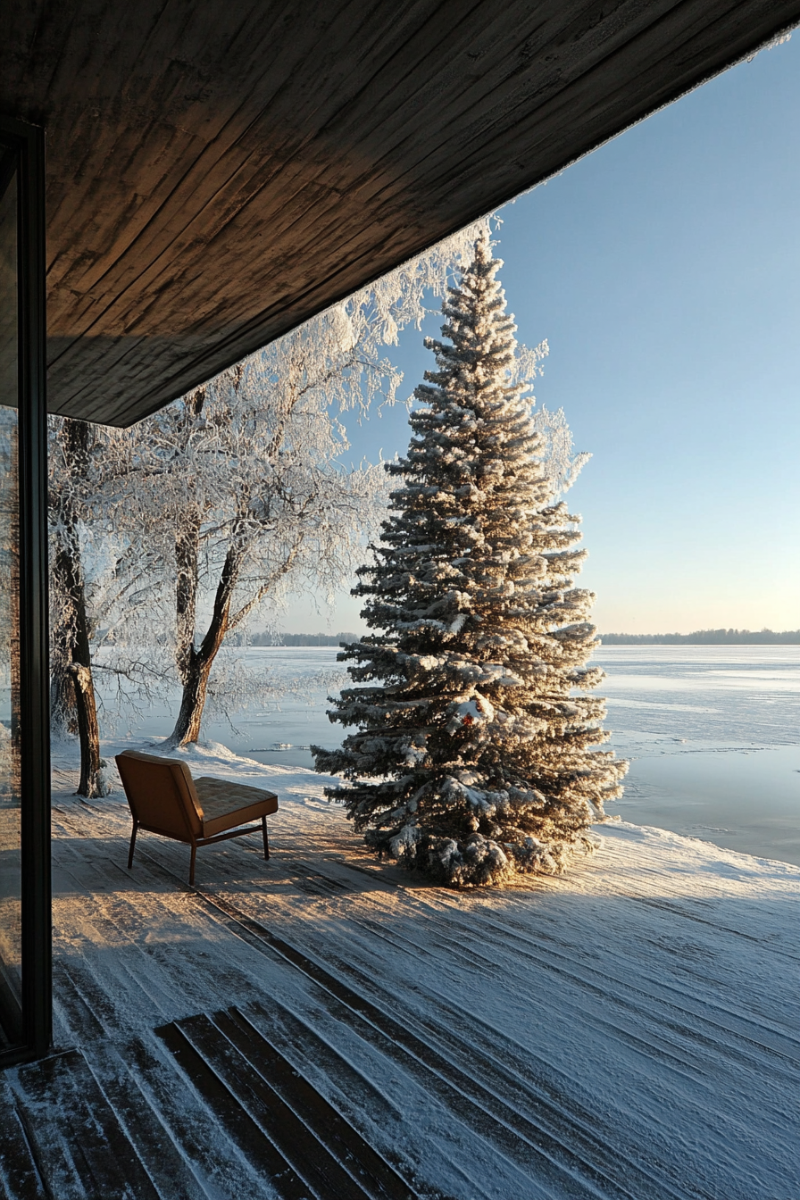 Wide angle view. Retro-styled holiday interior with aluminum tree by a frozen lake.