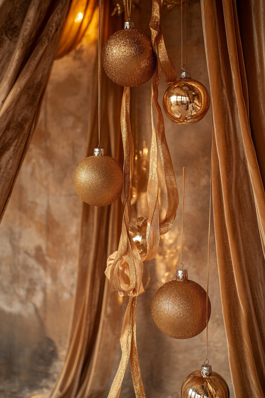 Wide angle view of Christmas interior. Velvet ribbons dangling on golden vintage ornaments.