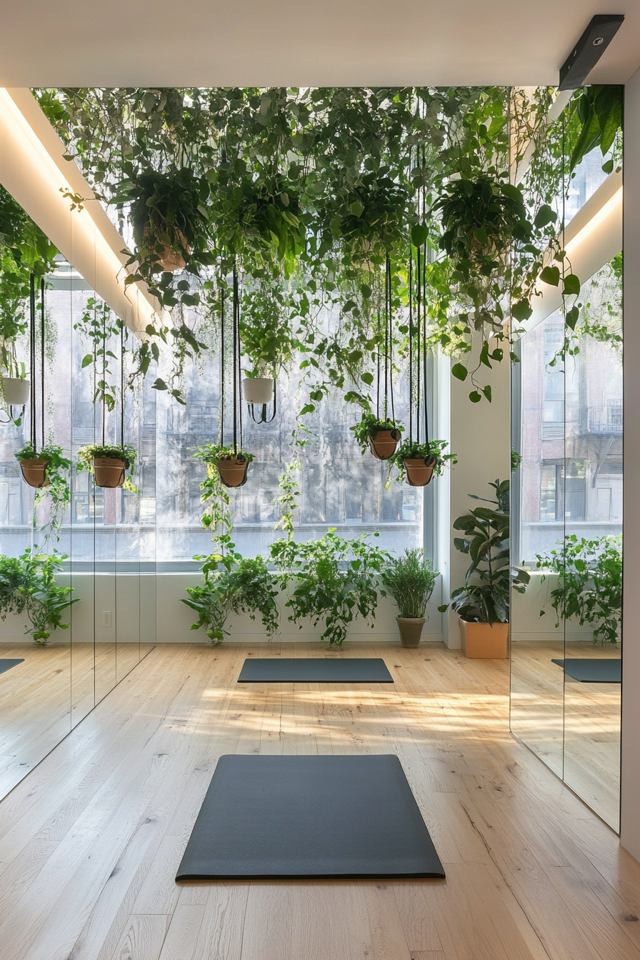 Contemporary tiny gym. Hanging pot plants, mirrored wall, space for yoga mat.